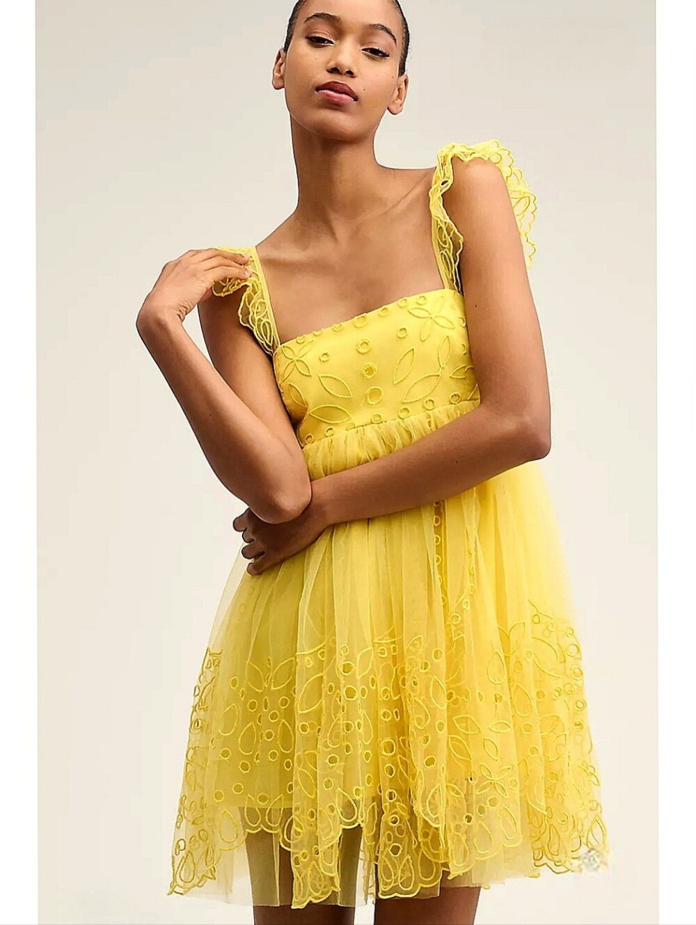 Anthropologie Eyelet Tulle Mini Dress Yellow NWT NEW